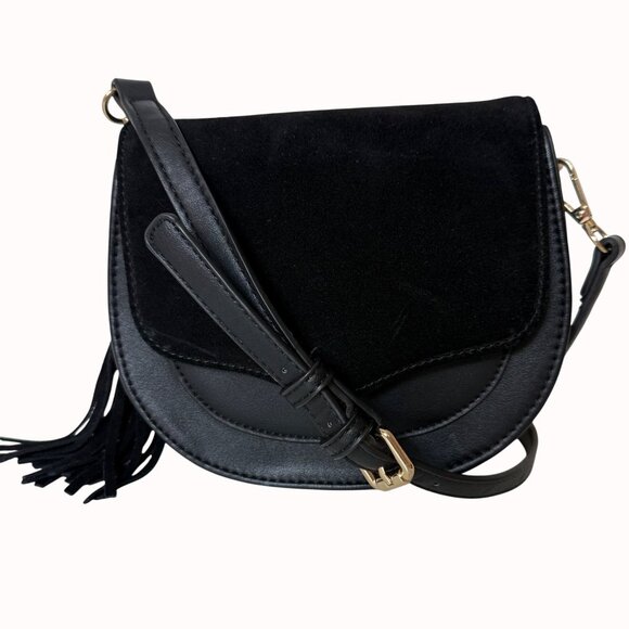 Moda Luxe Black Crossbody Bag Faux Suede Vegan Leather Tassel Accent Adjustable - Picture 1 of 16